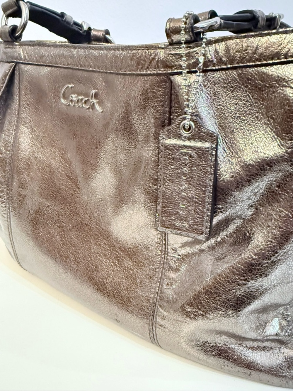 Coach Gallery F17721 Metallic Silver Leather Medium East West Tote Shoulder Bag - Picture 7 of 10
